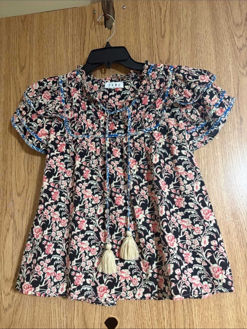 THML Black Floral Blouse with Pink and Cream Blossoms